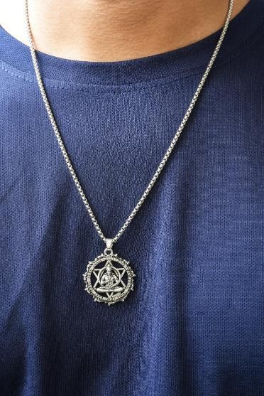 Silver oxidised stainless steel Shree Yantra with Hanuman Raksha pendant on chain worn on neck