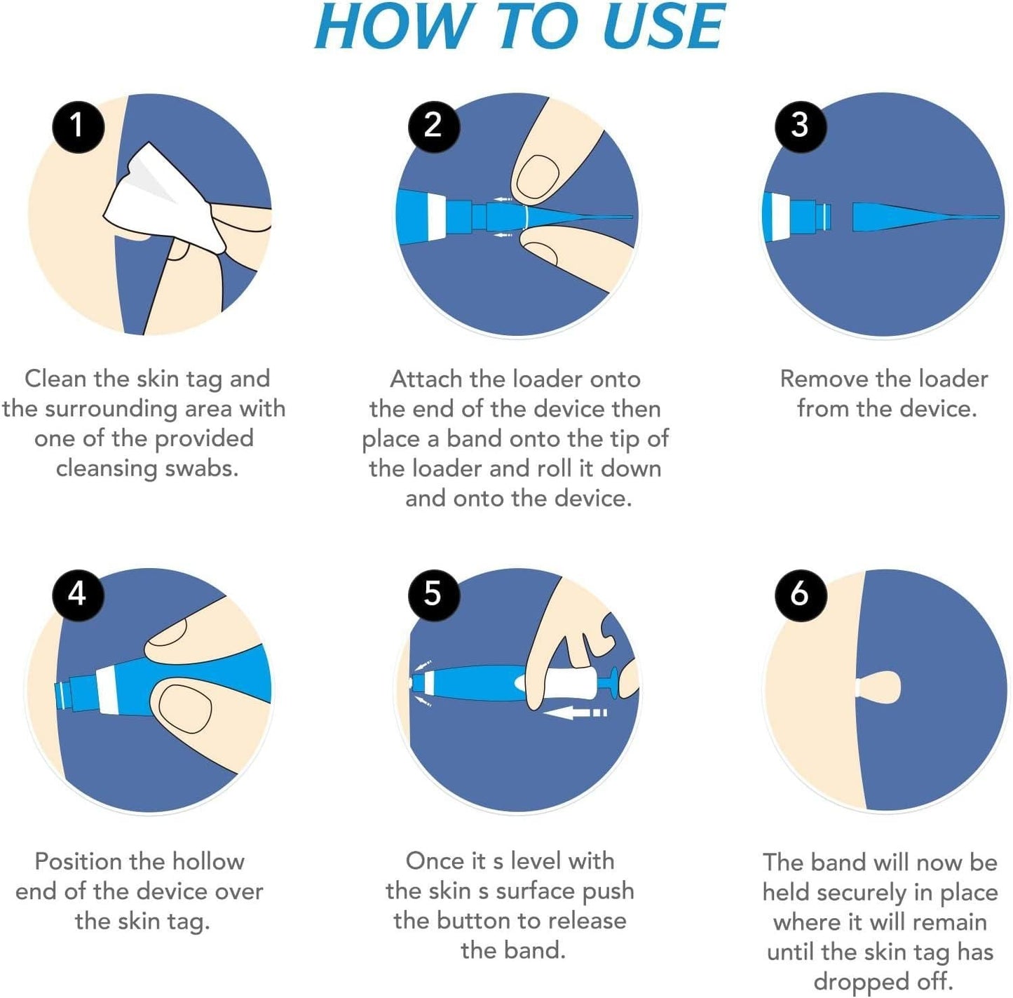 Illustrated step-by-step guide for painless 2 in 1 skin tag remover kit application with blue device and instructions.