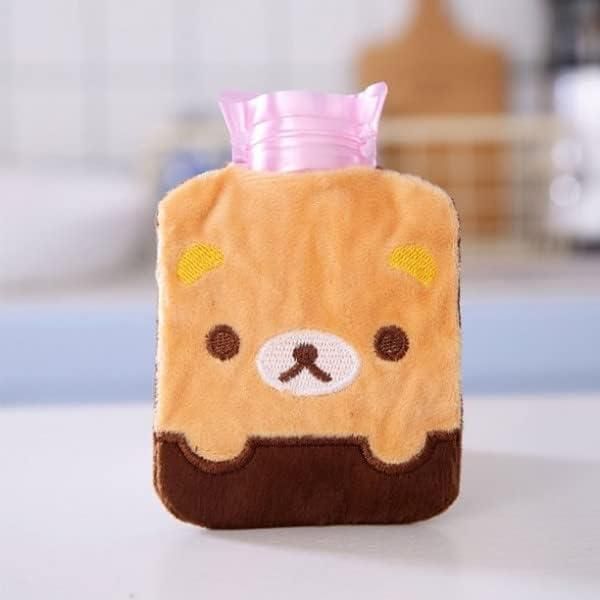 Small hot water rubber bottle with a soft bear-shaped cover for pain relief therapy