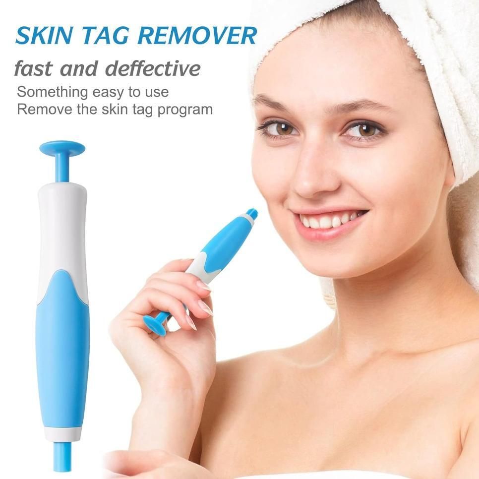 2 in 1 Skin Tag Remover kit handheld device with blue and white design for painless skin tag removal shown with smiling woman using it