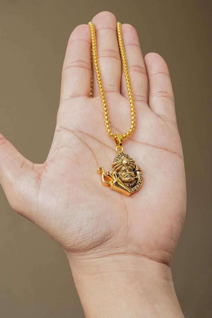 Golden Khatu Shyamji pendant with chain in hand, gold plated stainless steel necklace