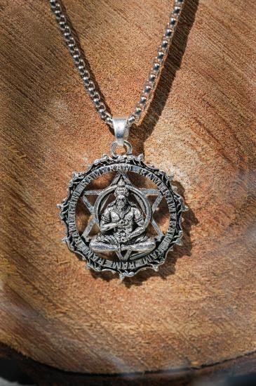 Silver oxidised stainless steel Shree Yantra pendant with Hanuman Raksha design on chain