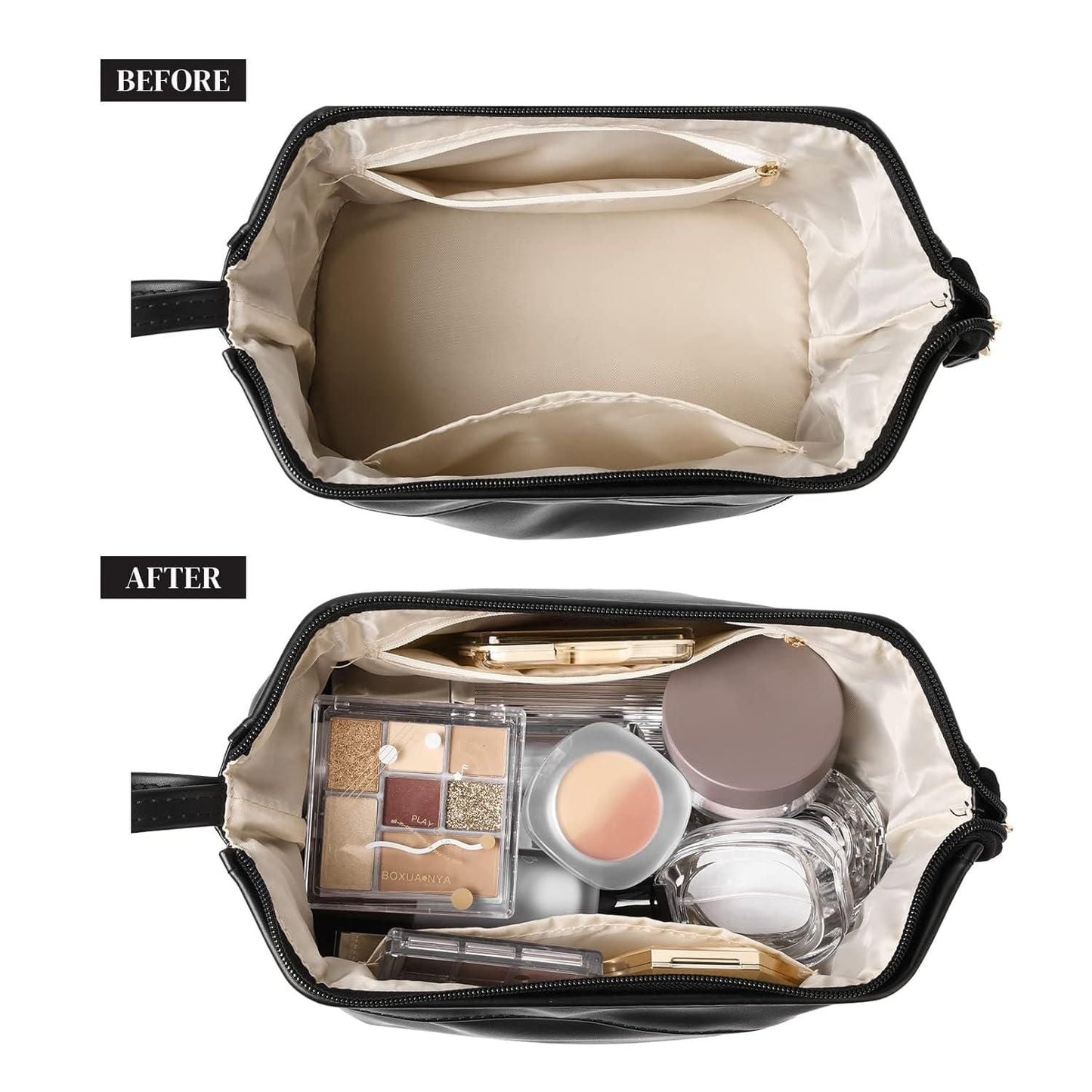 Large capacity cosmetic travel bag with zipper closure and multiple compartments for makeup and toiletries organization
