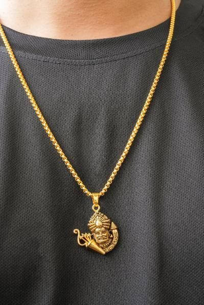 Golden Khatu Shyamji Pendant with Chain in stainless steel worn on black shirt