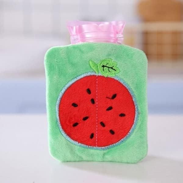 Small hot water rubber bottle with green plush cover and red watermelon design for pain relief therapy