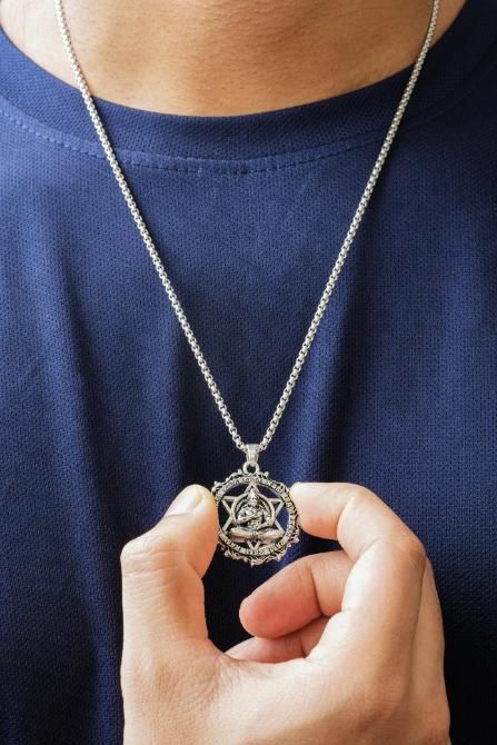 Silver oxidised stainless steel Shree Yantra with Hanuman Raksha pendant on chain worn on neck