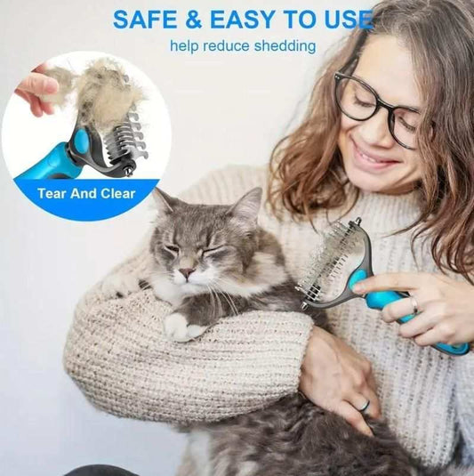 Woman using 2 in 1 deshedding grooming undercoat brush on a relaxed cat to reduce shedding