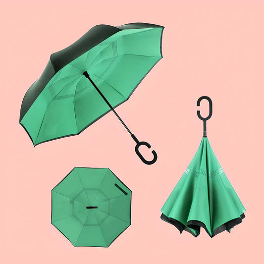Multicolor double layer inverted reversible umbrella with C-shaped handle and windproof fiberglass frame