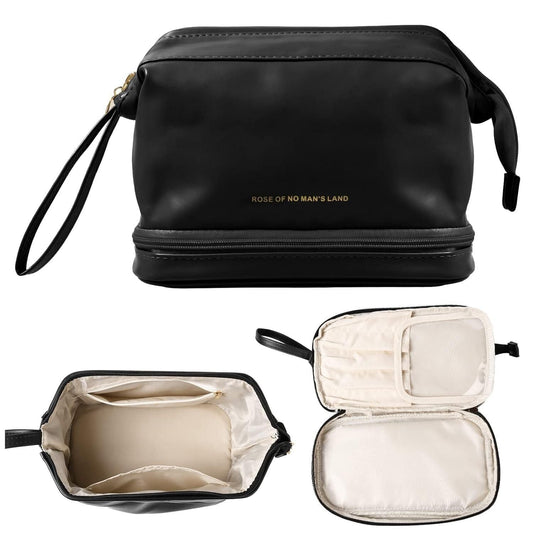 Large capacity black cosmetic travel bag with zipper closure, top handle, and spacious compartments for makeup and toiletries.