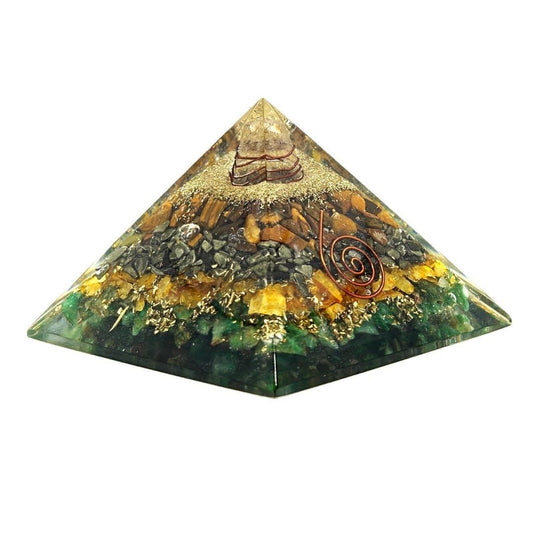 Money Magnet Pyramid made of real crystals including Tiger Eye, Pyrite, Green Aventurine, and Citrine for wealth and prosperity.