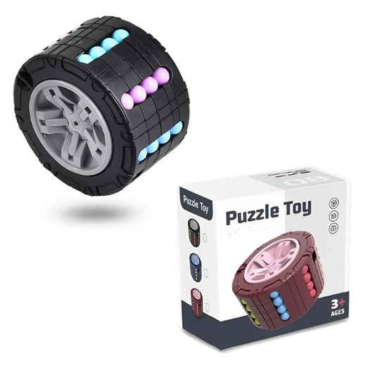 3D cylinder puzzle toy with rotating and sliding colorful beads for children’s stress relief and creativity, packaged in a white box.