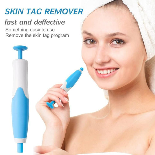 2 in 1 Skin Tag Remover kit handheld device with blue and white design for painless skin tag removal shown with smiling woman using it