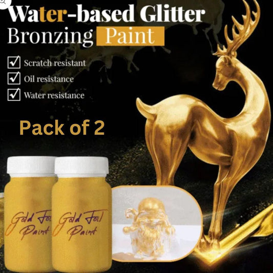 Pack of 2 water-based glitter bronzing paint bottles with gold metallic finish for wood and furniture decor