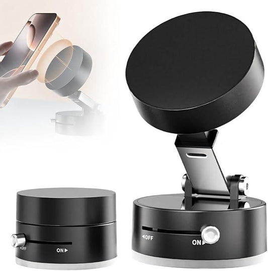 Foldable vacuum magnetic suction phone holder with 360-degree rotatable mount in black.