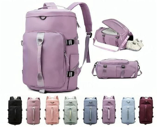 Multifunctional outdoor travel bag in assorted colors with multiple compartments and convertible design.