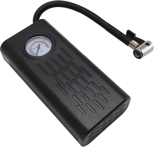 Compact black portable air compressor tire inflator with built-in pressure gauge and flexible hose.