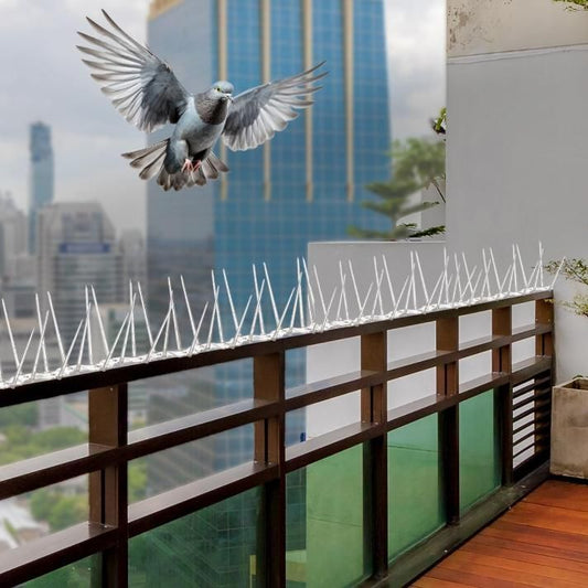Pigeon control spikes installed on balcony railing to prevent birds from landing.