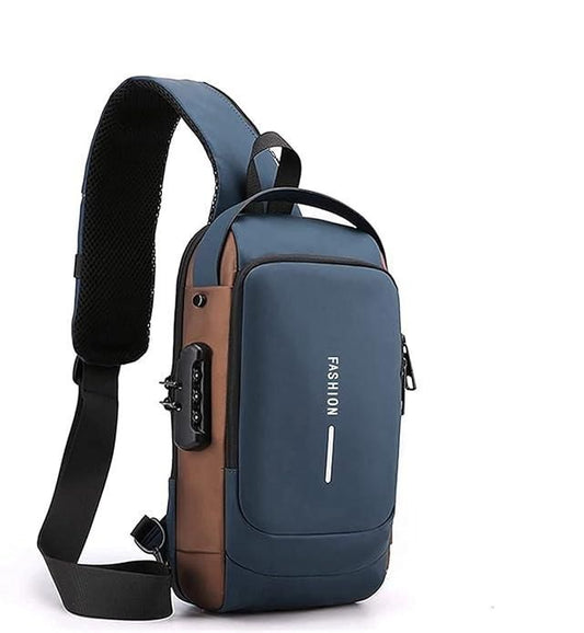 Blue and brown leather sling bag for men with zipper closure and adjustable strap
