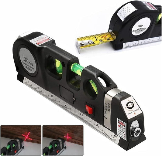 Black Distance Meter 4-in-1 Level Tape with built-in bubble levels and retractable measuring tape